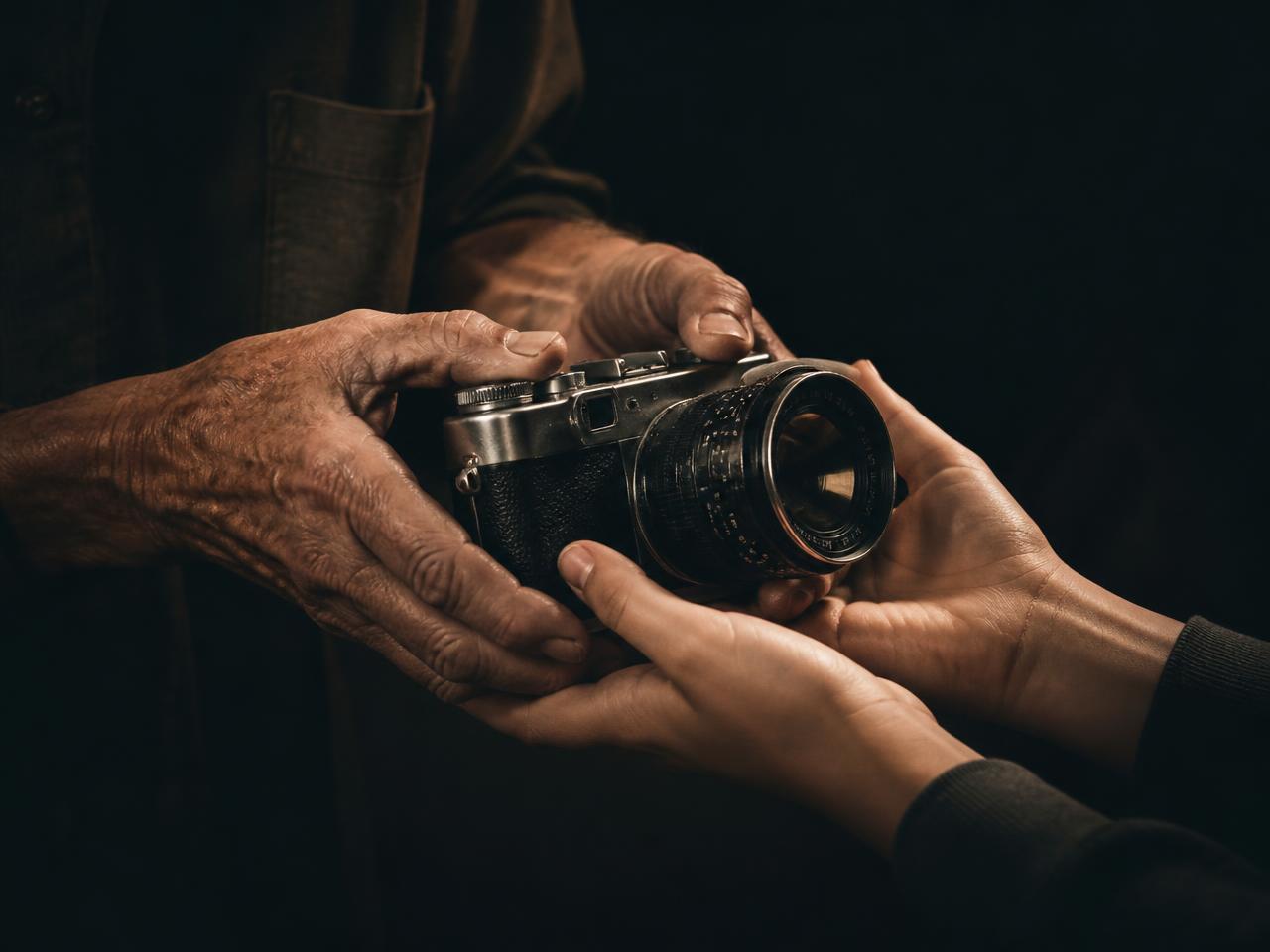 Older hands passing a film camera into younger hands